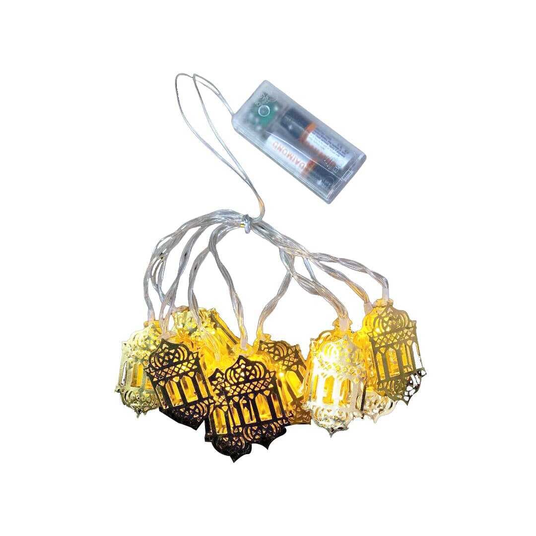 RAMAZAN KANDİLİ MODEL=10PCS   GOLD METAL   PİLLİ  DEKORATİF LED IŞIK - LAMBA  2MT KABLO (5430)