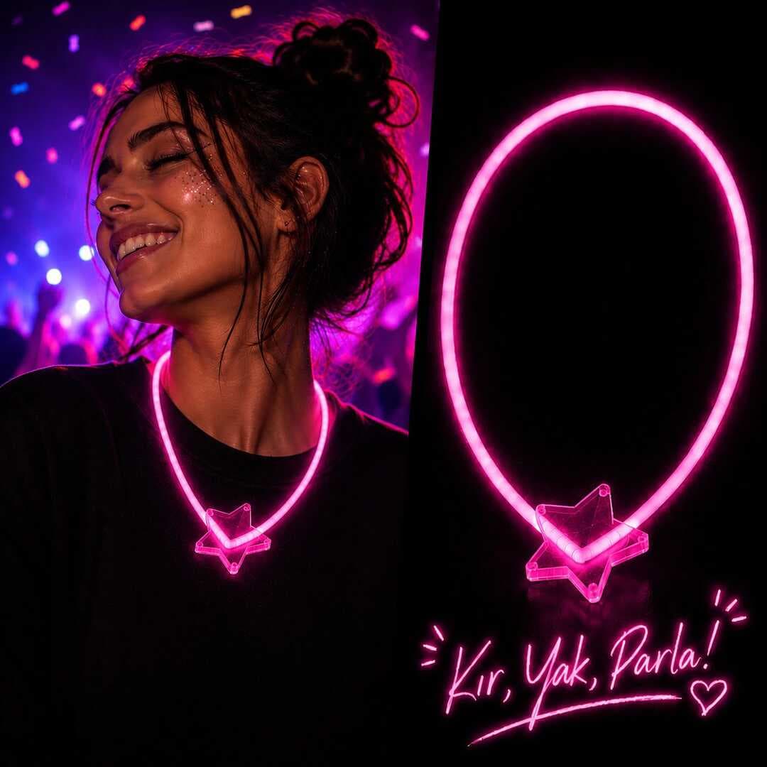 Fosforlu Yıldız Parti Kolyesi – Neon Işıklı Kolye Pembe Renk (5430)
