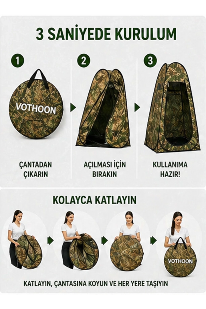 Otomatik Kabin Giyinme Çadırı 120x120x190 Cm Üst Havalandırma Yan Pencereli Duş & Wc Çadırı