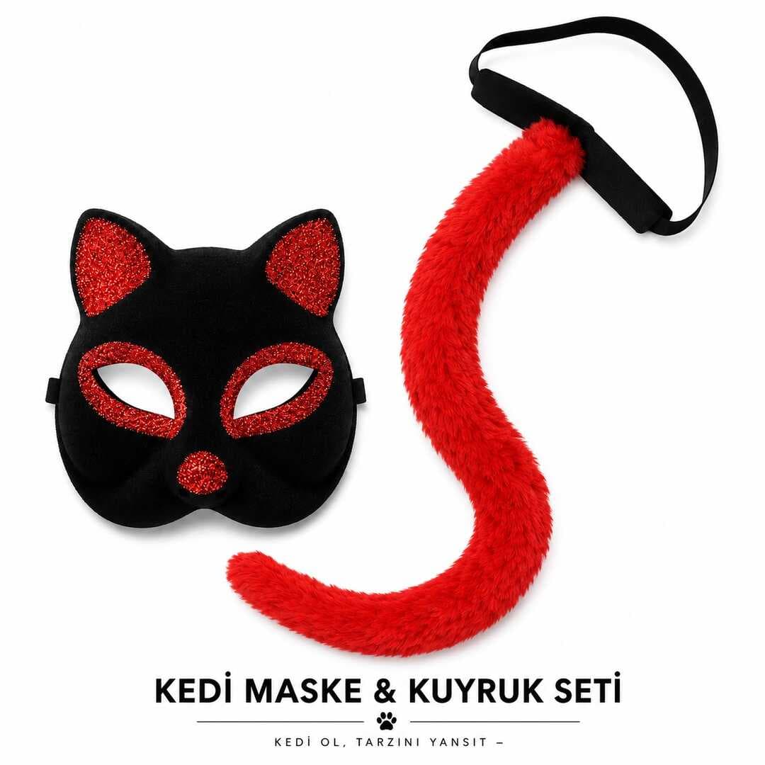 Kırmızı Kedi Maske ve Kuyruk Seti Parti Kostüm Aksesuarı (5430)