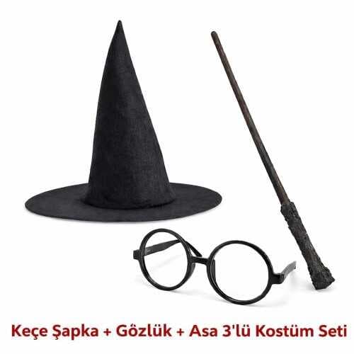 Harry Potter Tarzı Çocuk Seti (Siyah Keçe Şapka, Asa, Gözlük)