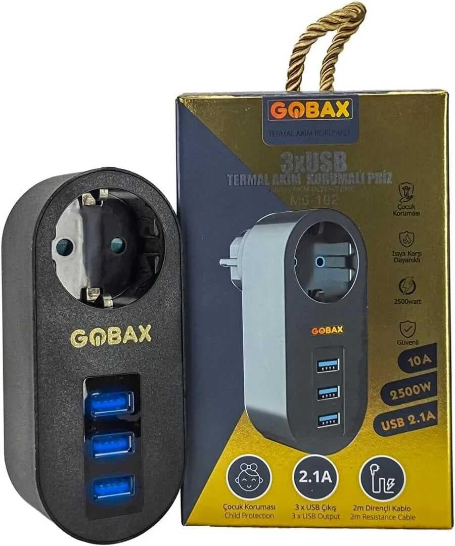 Gobax Termal Akım Korumalı Akıllı Priz 3xusb Li, Çocuk Korumalı, Led Işıklı, Yüksek Isıya Dayanıklı (5430)
