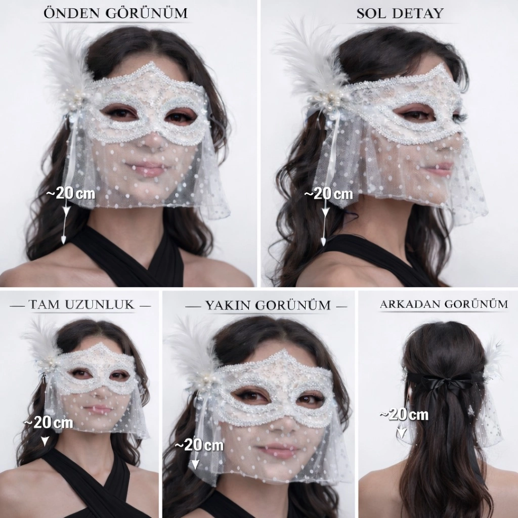 Beyaz Dantel Tüllü Peçeli Parti Maskesi – Tüylü İnci Detaylı