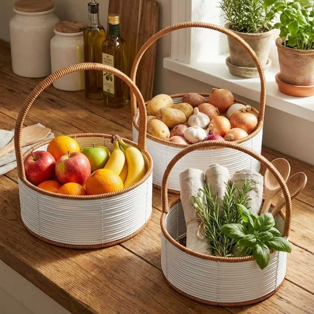 3 Boy İç İçe Geçebilen Plastik Rattan Sepetler–Beyaz Renkli,Kahverengi Saplı, Çok Amaçlı Düzenleyici ve Sunum Sepeti Seti (5430)