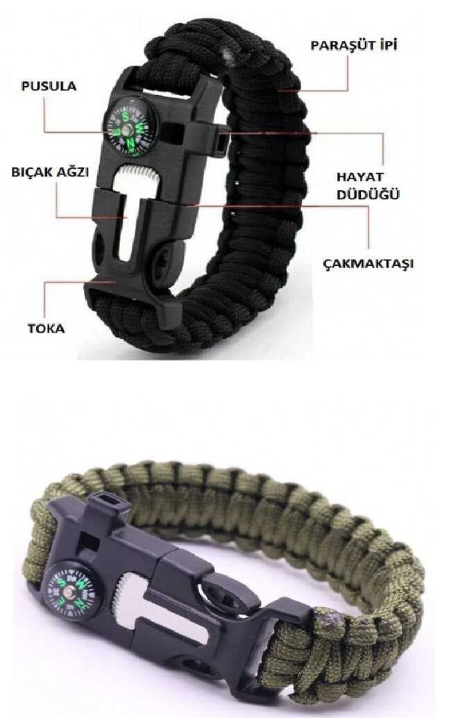 Düdük Çakı Pusula Çakmaktaşı Paraşüt İpi Hayatta Kalma Bilekliği (477477)