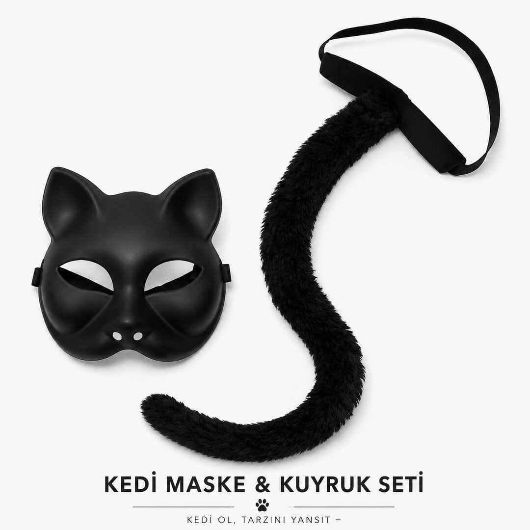 Siyah Kedi Maskesi ve Peluş Kuyruk Kostüm Seti 70 cm (5430)