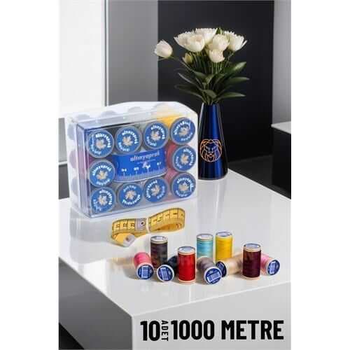 10 Renk 1000 Mt Kutulu Mezuralı Dikiş İpliği Seti