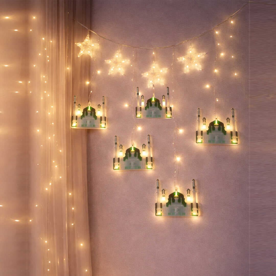 3MT FİŞLİ - EKLEMELİ RAMAZAN DEKOR LAMBA - PERDE LED YEŞİL CAMİ - YILDIZ (5430)