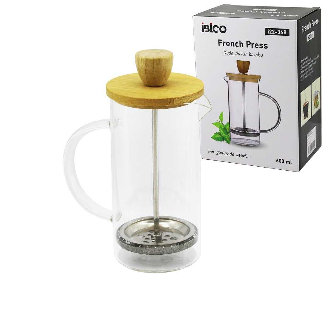 FRENCH PRESS BAMBU KAPAK 600ML CAM BİTKİ SÜZGEÇİ (5430)
