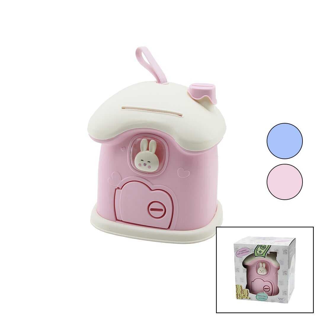 BÜYÜK=18X16X18CM EV MODELİ KİLİTLİ RENKLİ PLASTİK ÇOCUK KUMBARA TAVŞAN FİGÜRLÜ (5430)