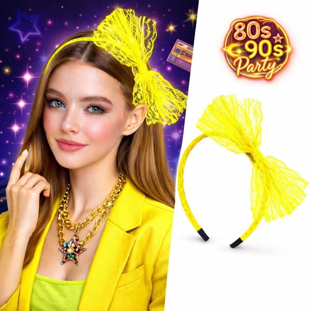 80’ler 90’lar Neon Sarı Dantel Taç Fiyonklu (5430)