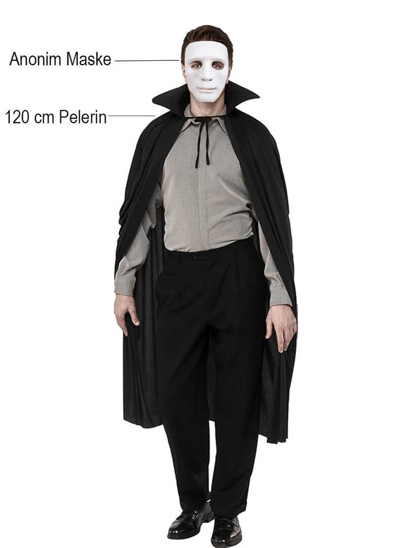 Siyah Renk Yakalı 120 cm Pelerin ve Beyaz Anonim Maske (5430)