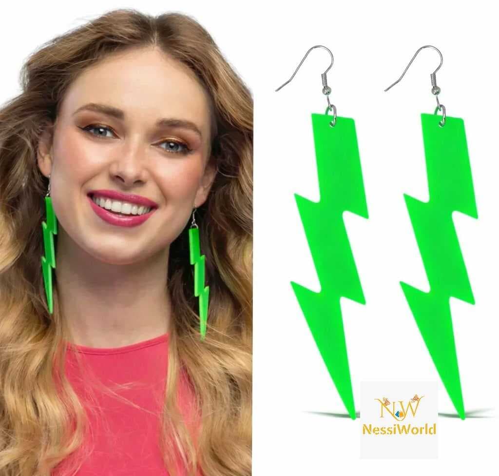 80’ler 90&amp;#39;lar Retro Neon Yeşil Şimşek Küpe 10 cm
