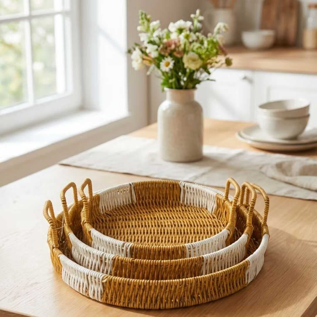 İç İçe Geçebilen 3’lü Yuvarlak Plastik Rattan Tepsi Seti–Çift Renkli Hasır Görünümlü Çok Amaçlı Servis ve Sunum Tepsileri (5430)