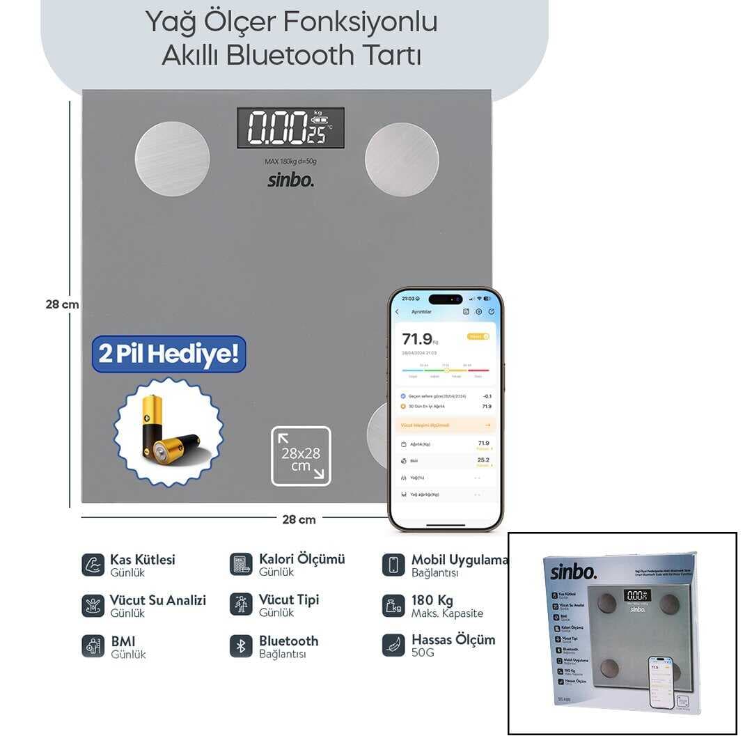 GRİ YAĞ ÖLÇER AKILLI BLUETOOTH CAM BASKÜL PİLLİ 180KG/50GR 28X28CM 8-KİŞİ HAFIZA LCD EKRAN ℃ GÖSTERGE SBS-4469 (5430)