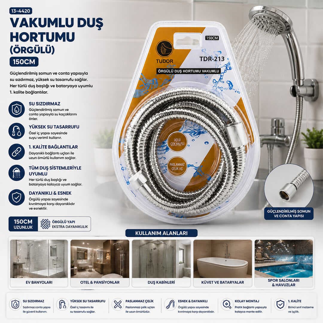KROM - ÖRGÜLÜ VAKUMLU DUŞ HORTUMU 150CM VAKUMLU AMBALAJ (5430)