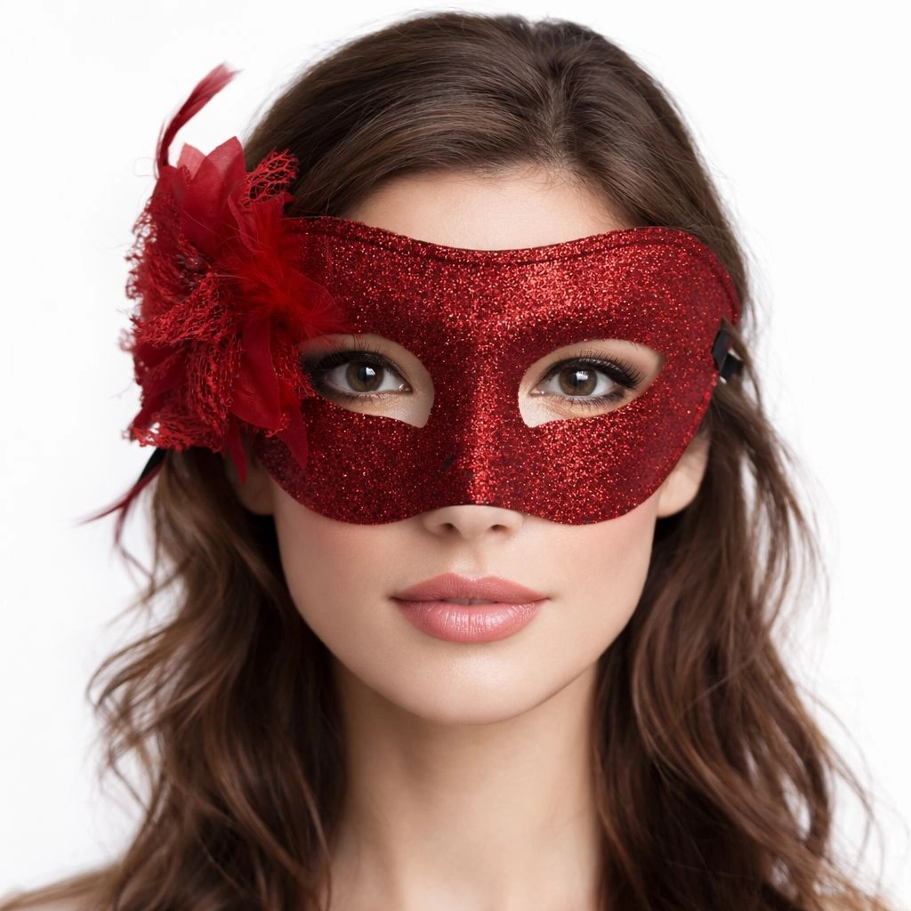 Kırmızı Simli Tüylü Balo Maskesi – Kadın Parti  Maskeli Balo Maskesi