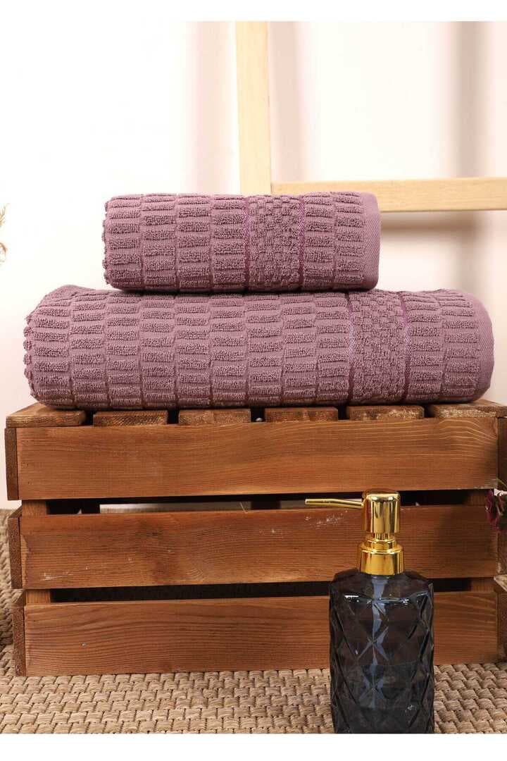 2 Parça Banyo Havlu Takımı %100 Pamuklu Çubuk Desen Mor