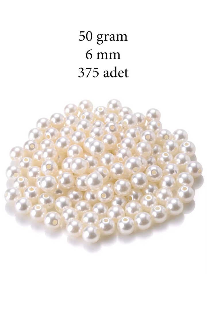 50 gram 6mm Krem Renk Plastik İnci Boncuk Çanta ve Takı Yapım Boncuğu (~375 adet)