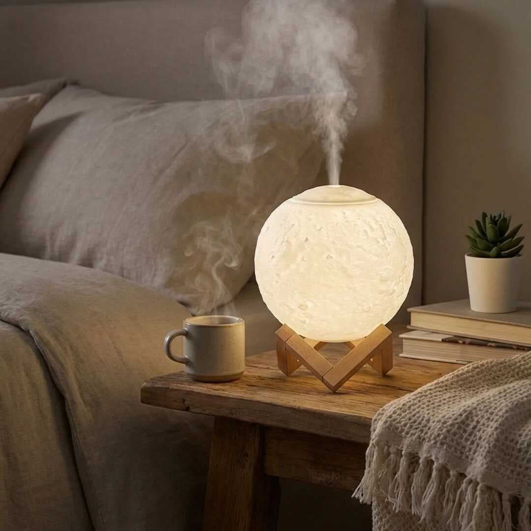 3D Ay Tasarımlı Su Yenilemeli USB Hava Nemlendiricisi – Dokunmatik, 3 Renk Işık Modlu (Gün Işığı / Beyaz / Sarı Işık) Gece Lambası (5430)