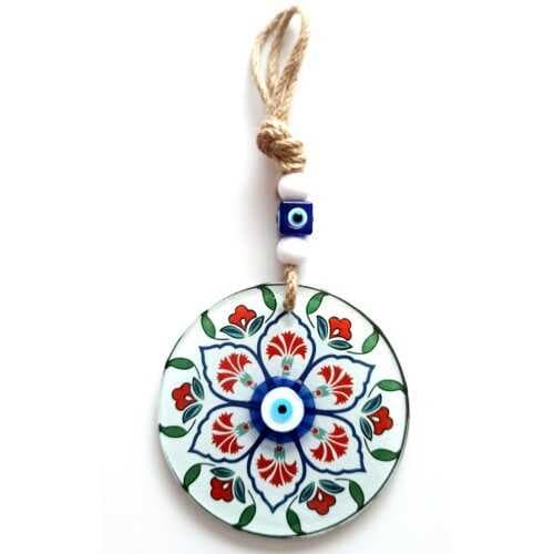 Karanfil Desenli Nazar Boncuklu Füzyon Cam Duvar Süsü