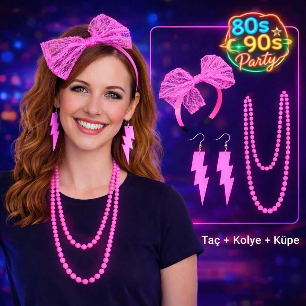 80’ler 90’lar Neon Pembe Parti Seti – Kolye Küpe Taç (5430)