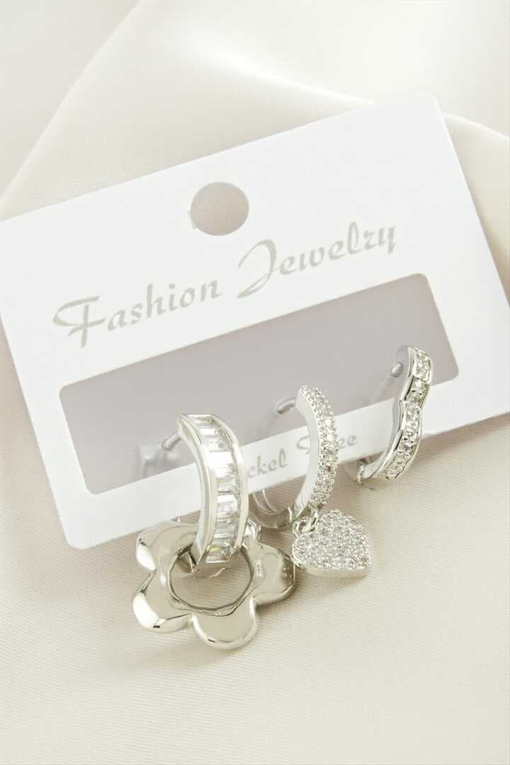 3 Adet Çiçek Zirkon Taşlı Küpe