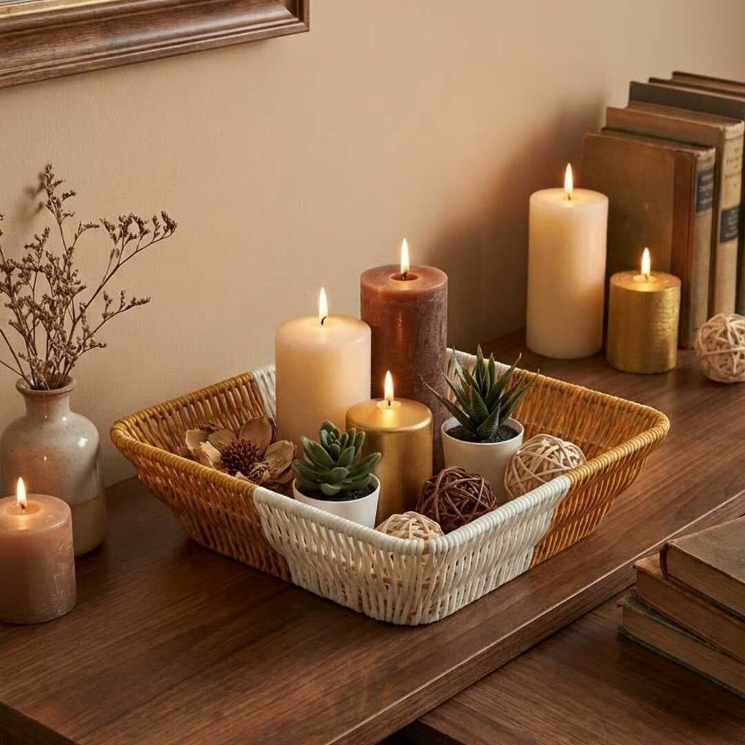 Kare Çift Renkli Plastik Rattan Ekmek ve Meyve Sepeti - Çok Amaçlı Banyo ve Mutfak Düzenleyici - Yıkanabilir Tezgâh Üstü Organizer (5430)