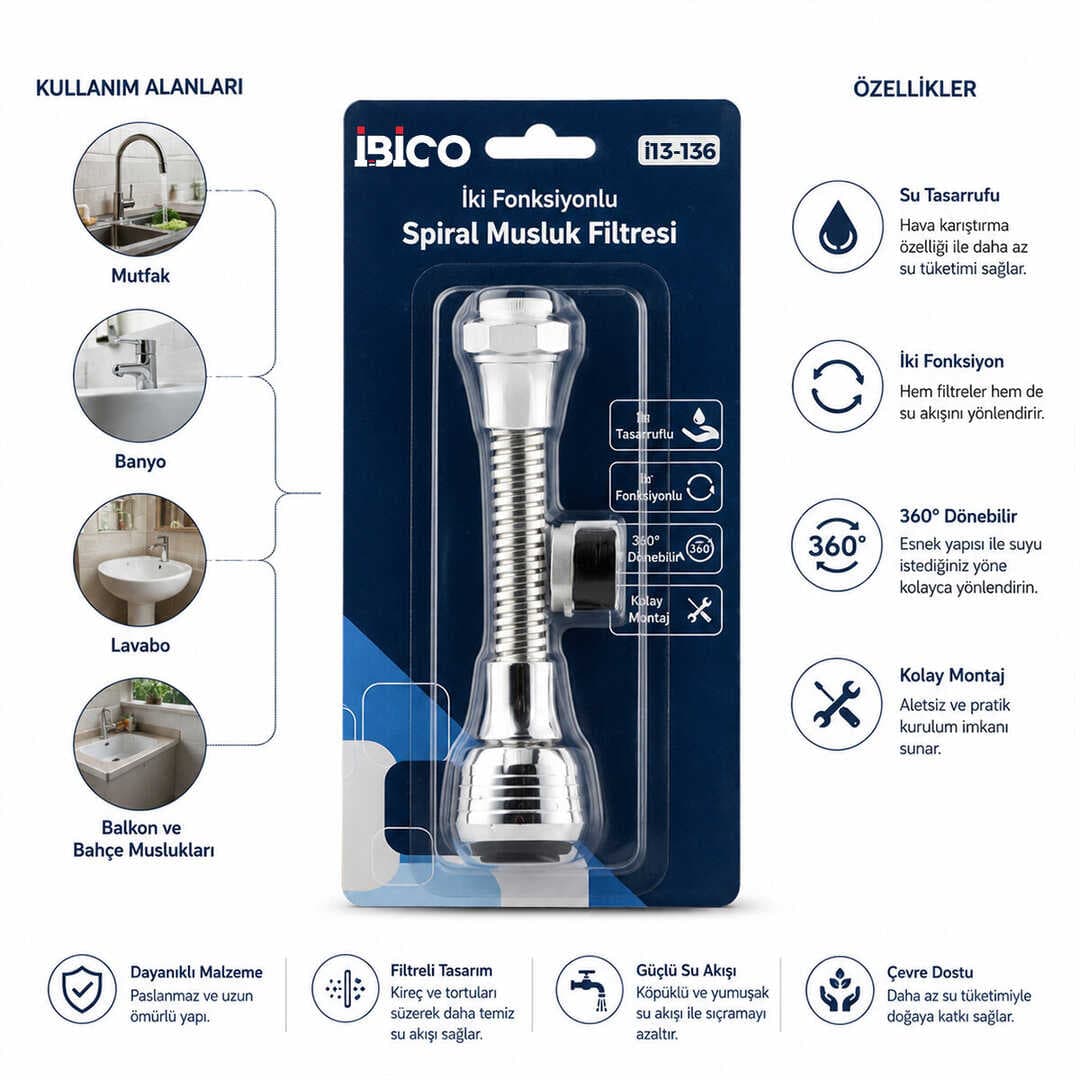 12 ADET MUSLUK UCU FİLTRESİ 2 FONKSİYONLU SPİRALLİ YAYLI - 360° DERECE DÖNEBİLEN BAŞLIK 16-19MM CAŞLIK ÇAPI (5430)