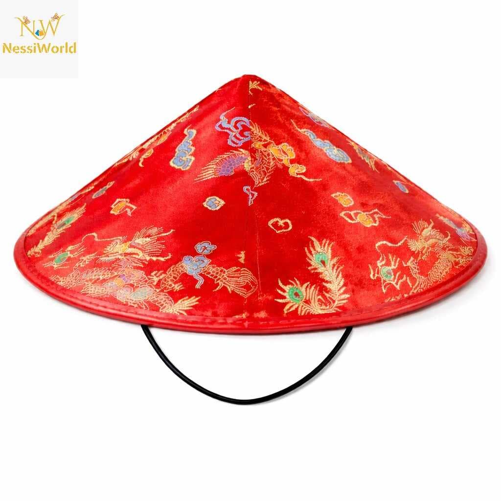 Kırmızı Saten Çin Desenli Dragon İşlemeli Şapka – Lastikli