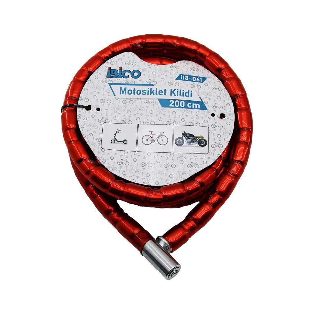 TÜP ANAHTARLI METAL KAFA ÇELİK MOTOR - BİSİKLET KİLİT SİLİNDİRİK SPİRAL KİLİT KIRMIZI KILIF22MM X 200CM (5430)