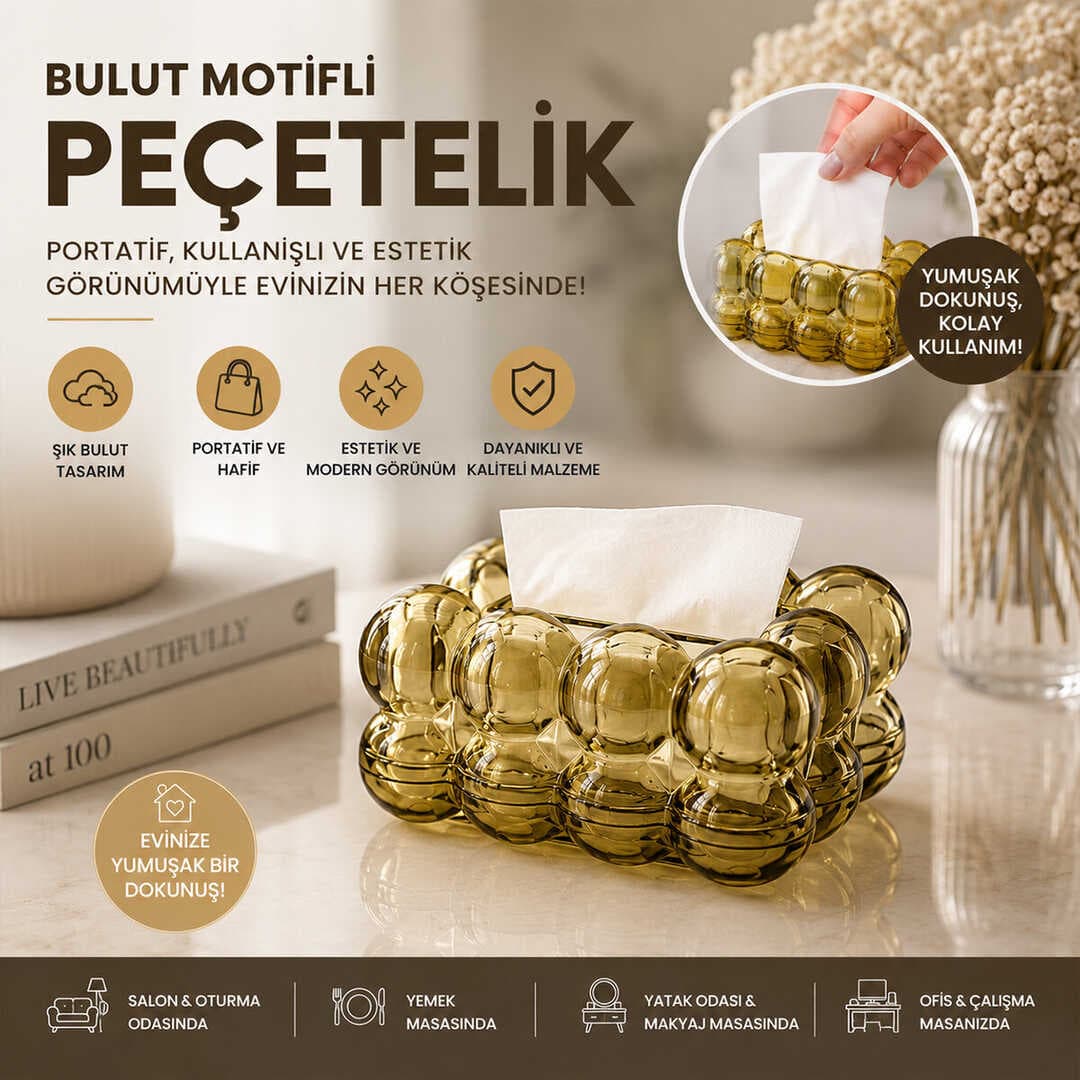 19X13X9CM KAHVERENGİ ŞEFFAF YAYLI MASAÜSTÜ BUBBLE DEKORATİF BULUT PEÇETELİK (5430)