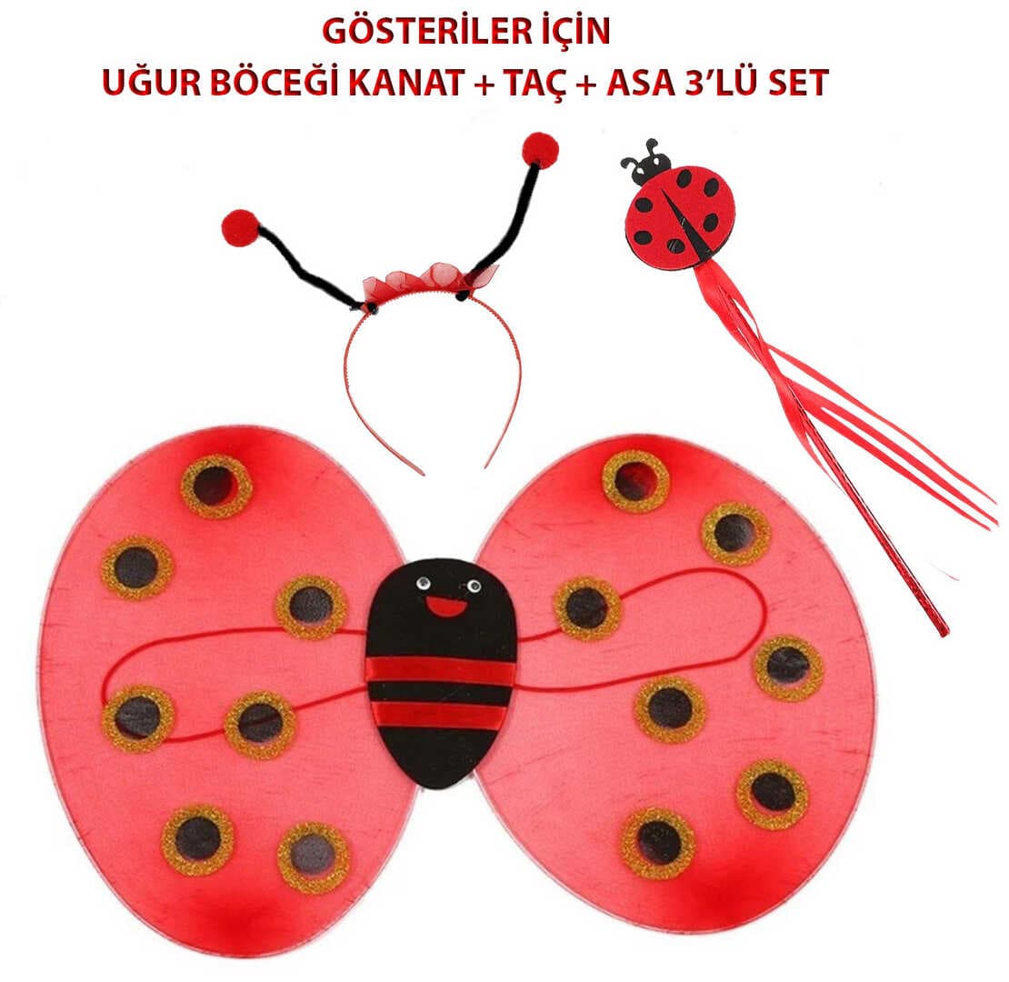 Çocuk Gösteri İçin Uğur Böceği Kanat + Taç + Asa 3&amp;apos;lü Kostüm Seti (5430)