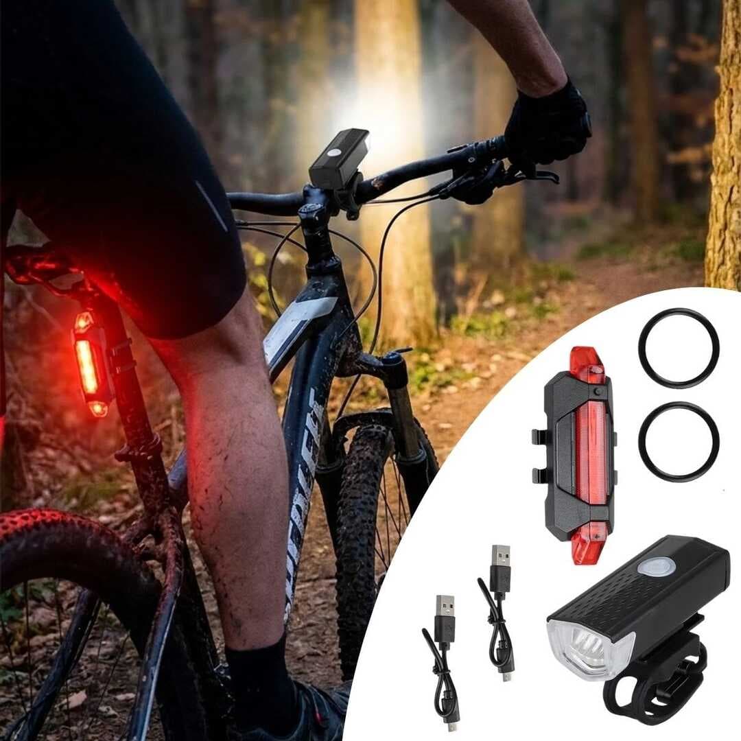 Bisiklet Işık Seti – USB Şarjlı LED Ön Far + Arka Stop Lambası, Su Geçirmez Bisiklet Aydınlatma Seti (5430)