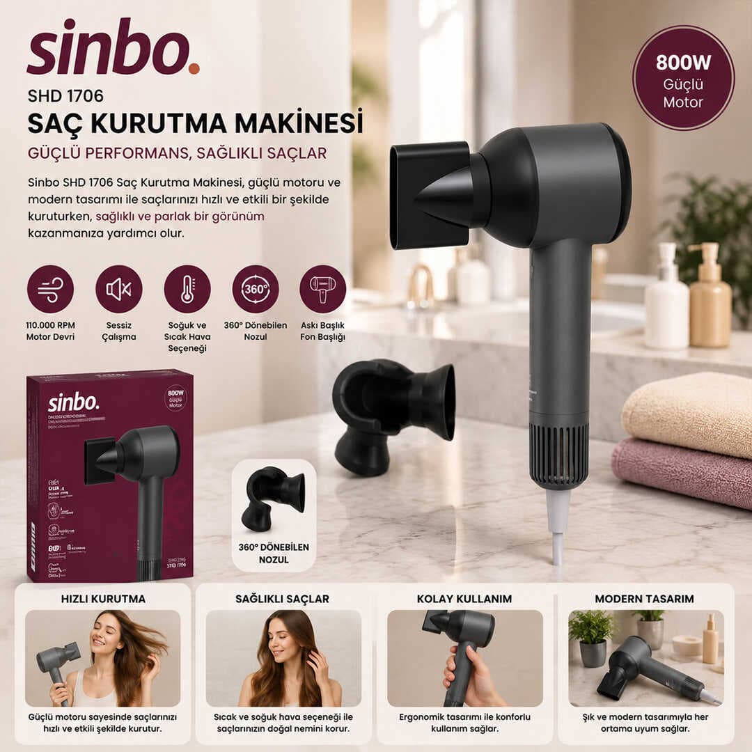 Sinbo Saç Kurutma Makinesi - Gri Renk - Sessiz Çalışma Özelliği