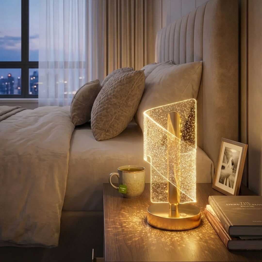 Çapraz Kavisli Kristal Simli LED Masa Lambası – Gold Gövdeli, Dokunmatik, 3 Kademe Işık Ayarlı Şarjlı Dekoratif Lamba (5430)