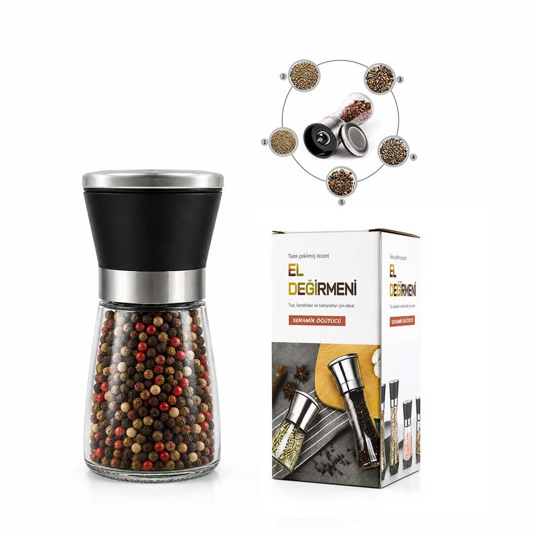 HAND GRINDER KÜÇÜK CAM HAZNELİ - PLS.KAPAKLI - KROM BELLİ TUZ - BAHARAT ÖĞÜTÜCÜ (5430)
