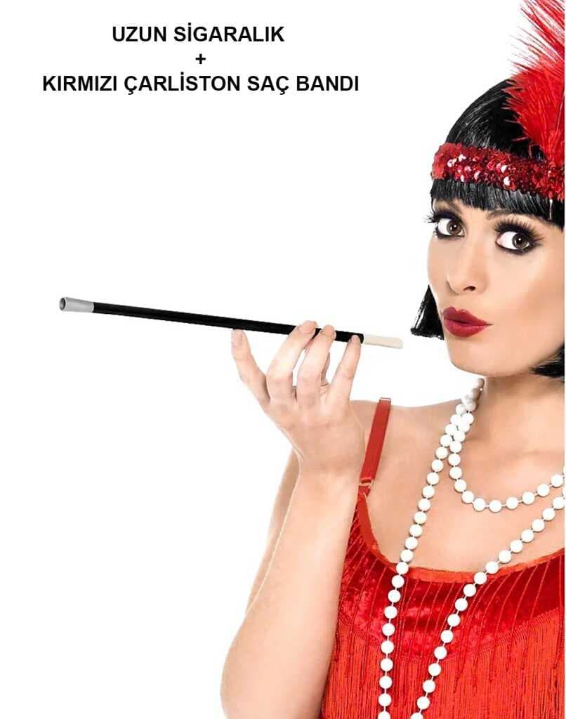 Gatsby Kadın Aksesuar Seti – Kırmızı Charleston Saç Bandı ve Sigaralık