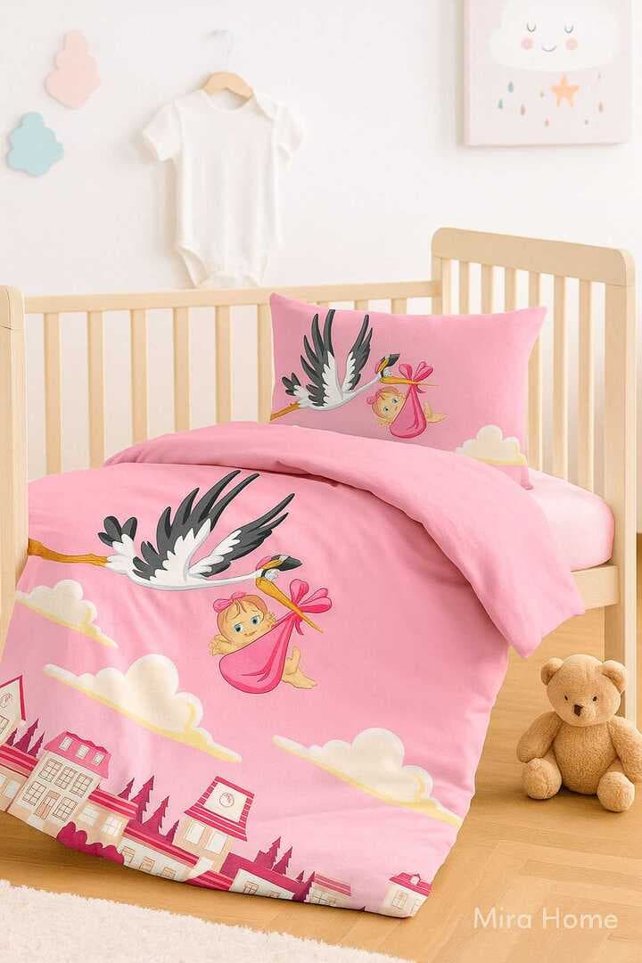 Yenidoğan Kız Bebek Nevresim Takımı %100 Pamuklu Leylek