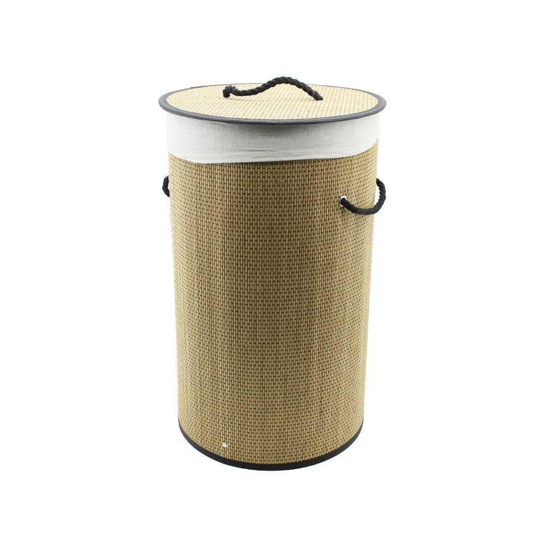 YUVARLAK HASIR - AHŞAP KİRLİ ÇAMAŞIR SEPETİ 37X60CM SEYYAR KAPAKLI İÇİ BEZLİ İP KULPLU (5430)