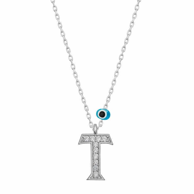 925 Ayar Gümüş Nazar Rodyum T Harfi Kadın Gümüş Kolye (T6826) (477477)