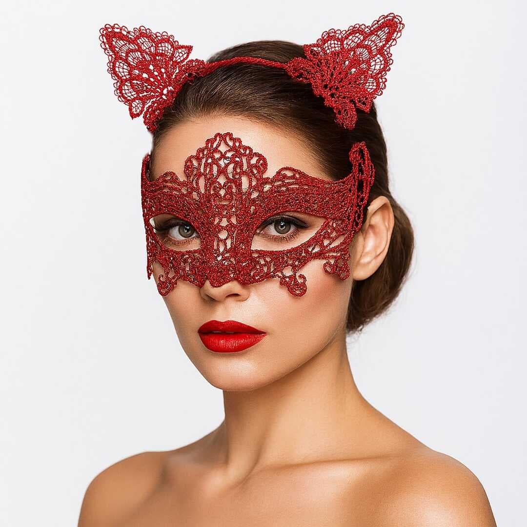 Romantik Kırmızı Dantel Maske Seti – Kedi Kulaklı Taç ve Maske 3 No (5430)
