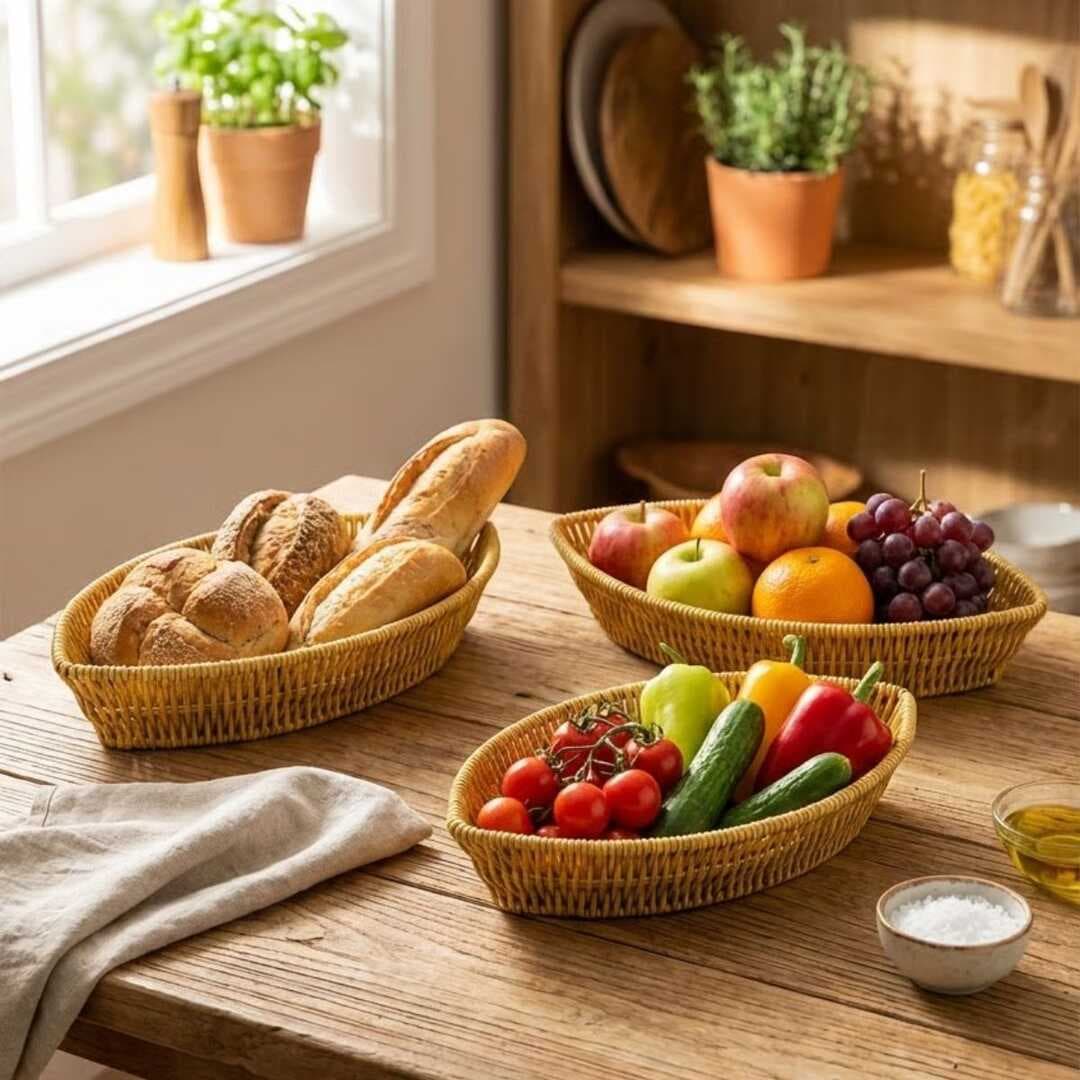3’lü Kayık Formlu Plastik Rattan Sepet Seti–Hasır Görünümlü Ekmek, Meyve ve Sunum Sepetleri, Çok Amaçlı Masaüstü Organizer (5430)