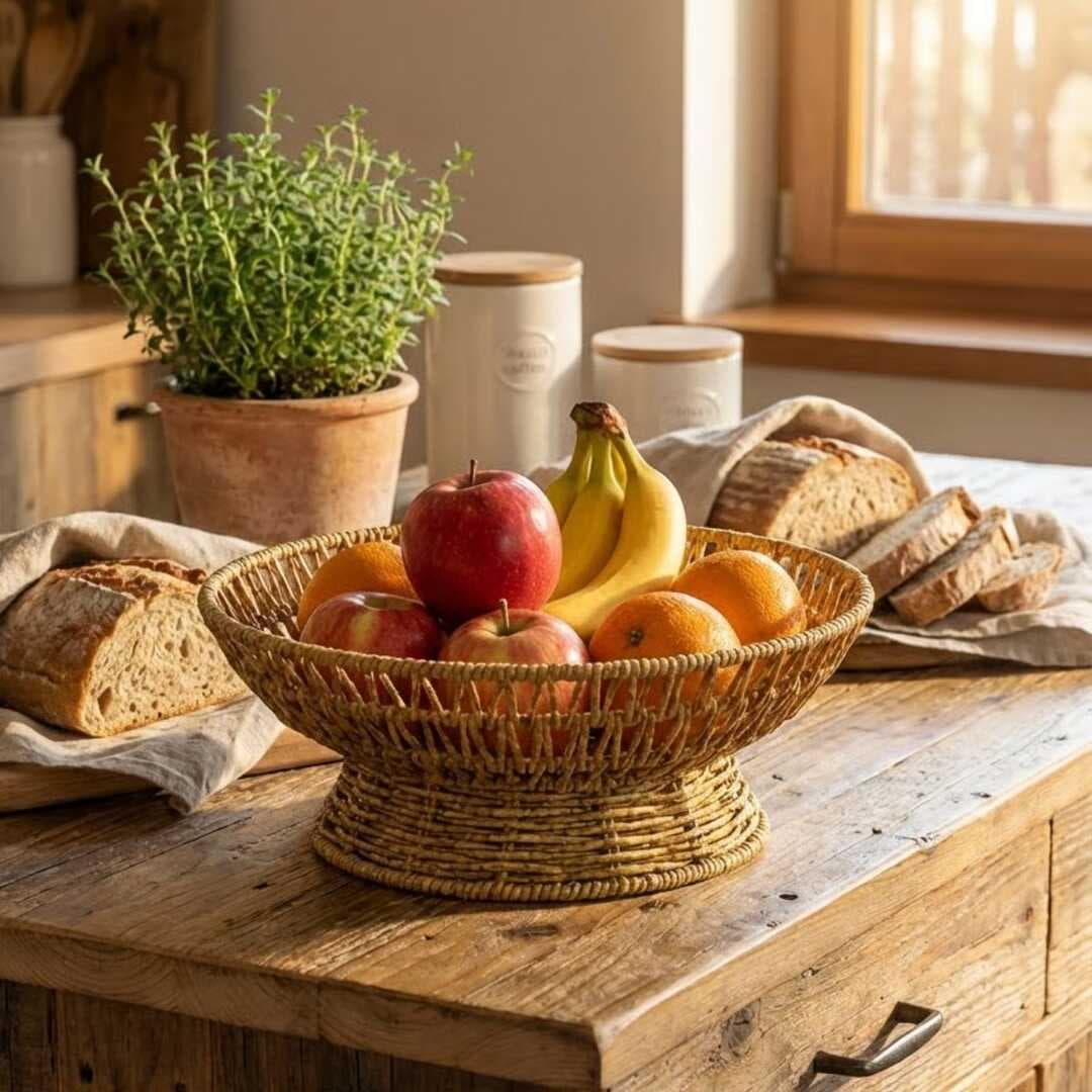 25 cm Plastik Rattan Servis Çanağı – Doğal Hasır Görünümlü Dekoratif Meyve, Ekmek ve Sunum Kasesi (5430)