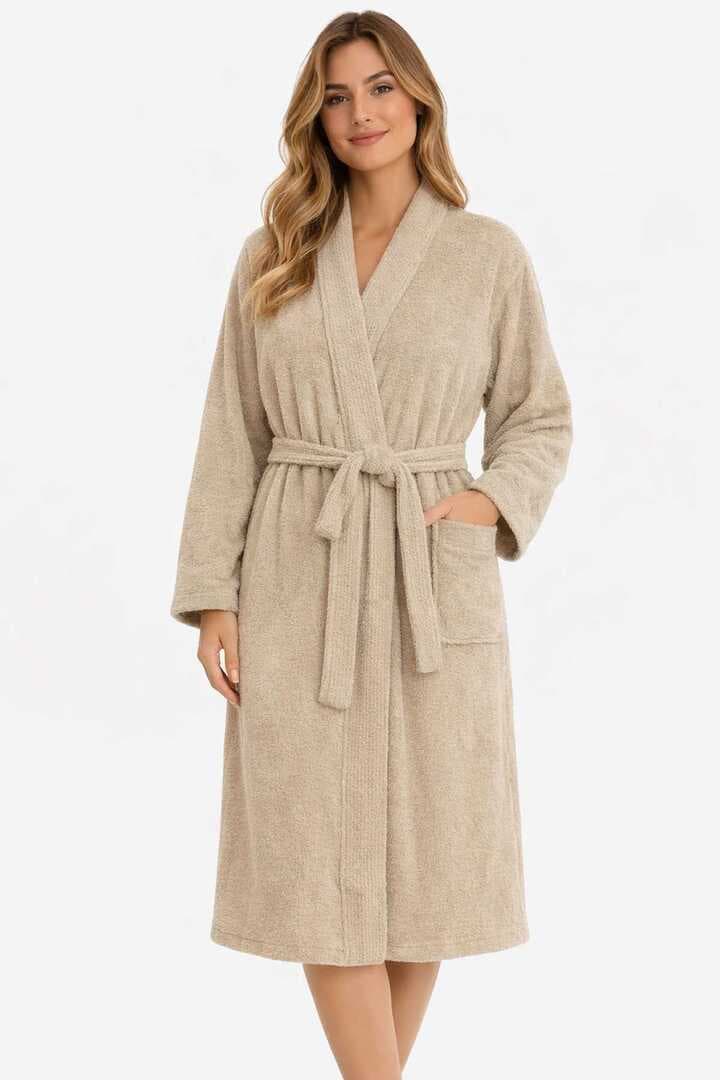 Kimono Yaka Unisex Pamuklu Tek Kişilik Bornoz Bej