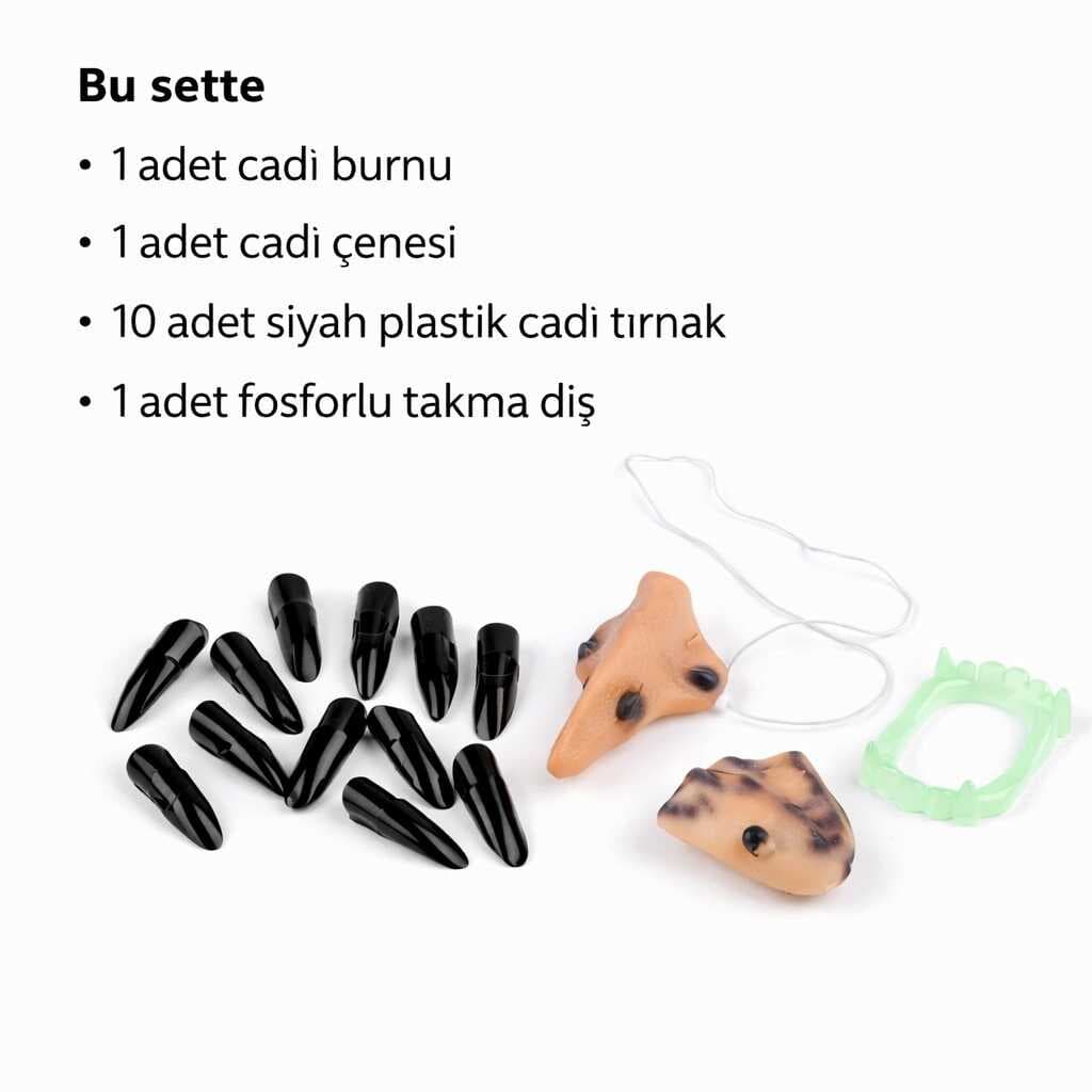 Cadı Aksesuar Seti – Burun, Çene, Fosforlu Diş ve 10 Adet Siyah Tırnak (5430)