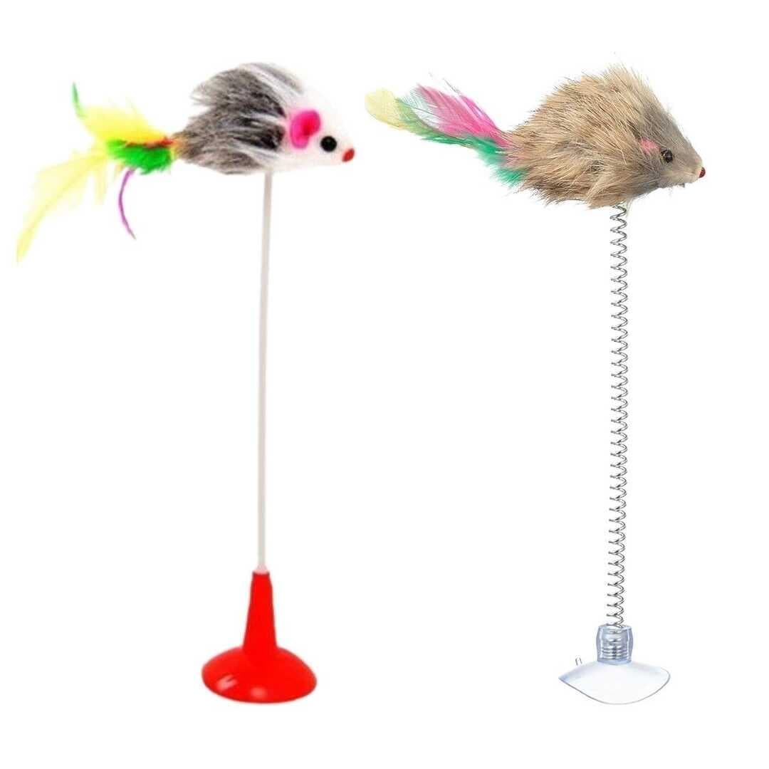 2&amp;apos;li Vantuzlu Fareli Tüylü Hareketli Çanlı ve Esneyen Eğlenceli Peluş Kedi Oyuncağı (5430)