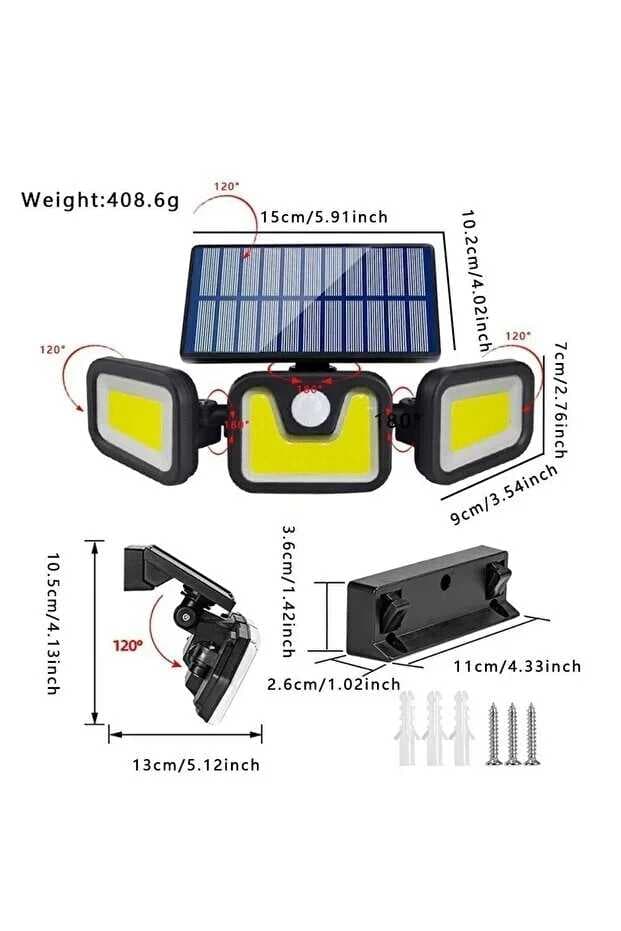 Üçlü Solar Led Projektör – Beyaz Işık – Sensörlü Dış Mekân Aydınlatma (5430)