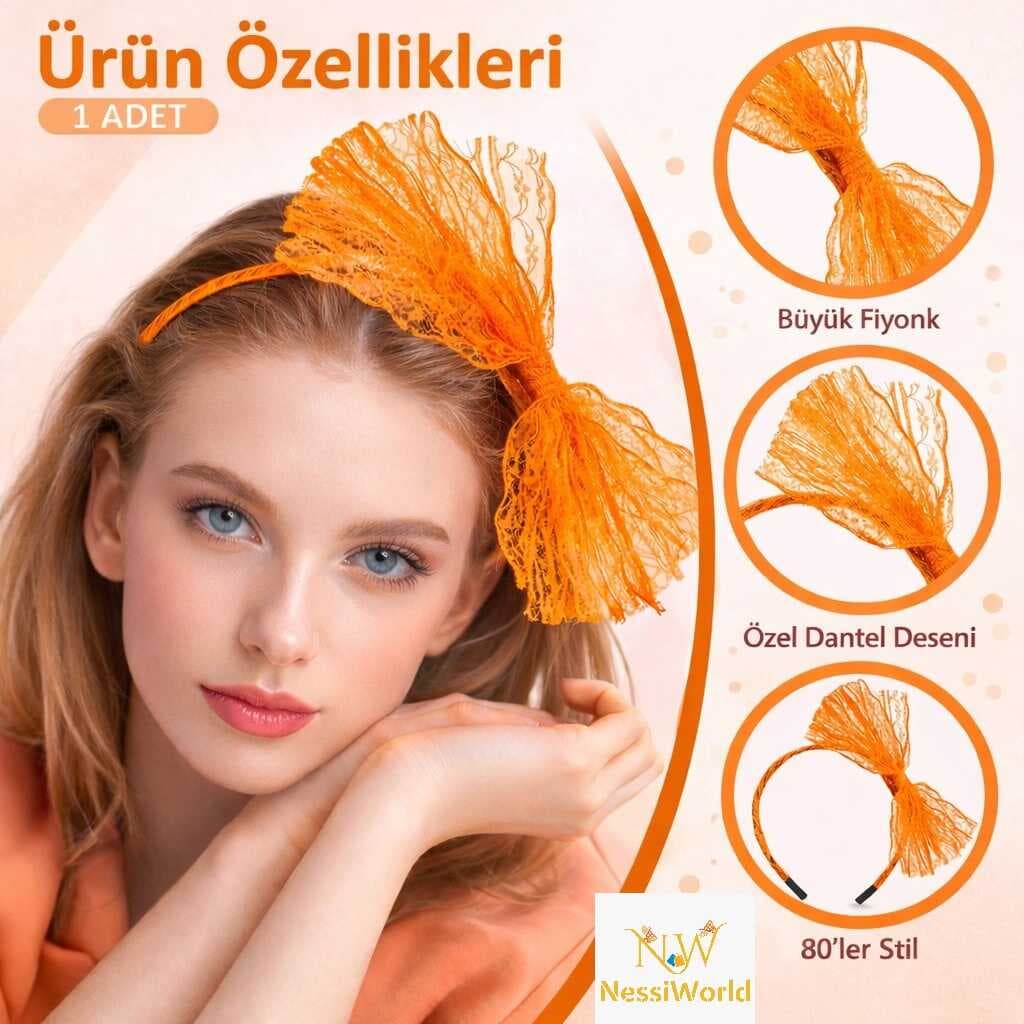 80’ler 90’lar Neon Turuncu Dantel Taç Fiyonklu