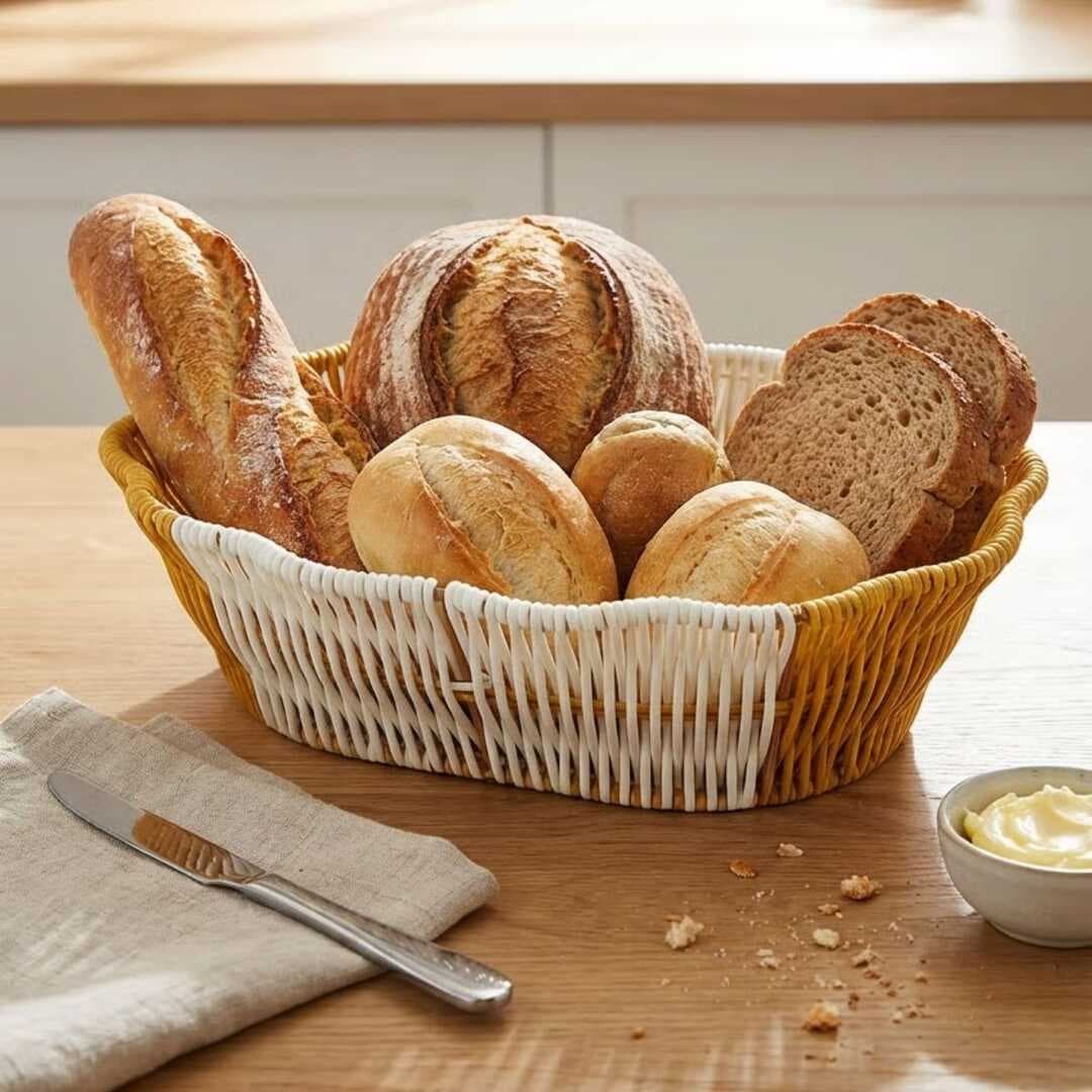 Oval Çift Renkli Plastik Rattan Ekmek ve Meyve Sepeti - Çok Amaçlı Banyo ve Mutfak Düzenleyici - Yıkanabilir Dekoratif Tezgâh Üstü Organiz (5430)